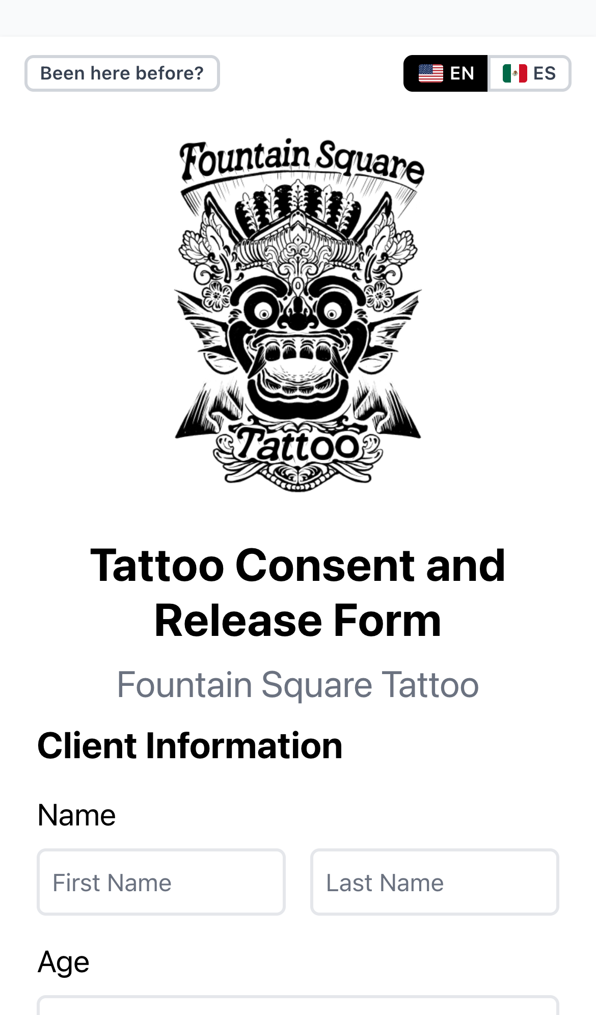 Open the demo form: the waiver form on a phone at demo.waivers.tattoo, with the shop’s logo, the English and Spanish switch, and the client’s name fields